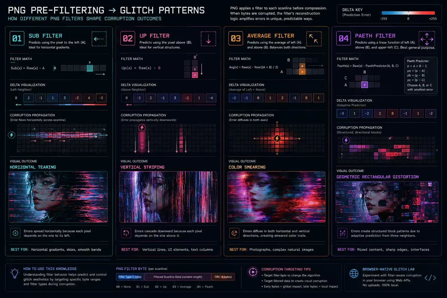 Visualization of PNG pre-filter corruption behavior including Sub, Up, Average, and Paeth filter glitch effects