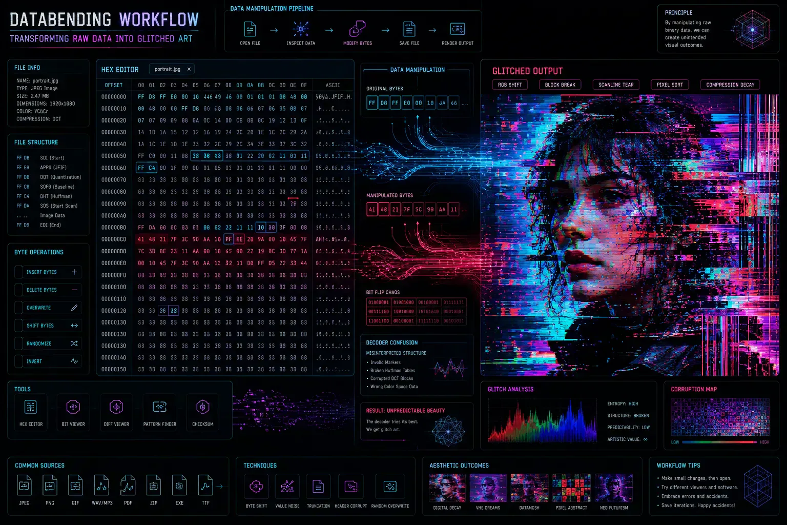 Conceptual databending workflow showing hexadecimal file corruption transforming into glitch art