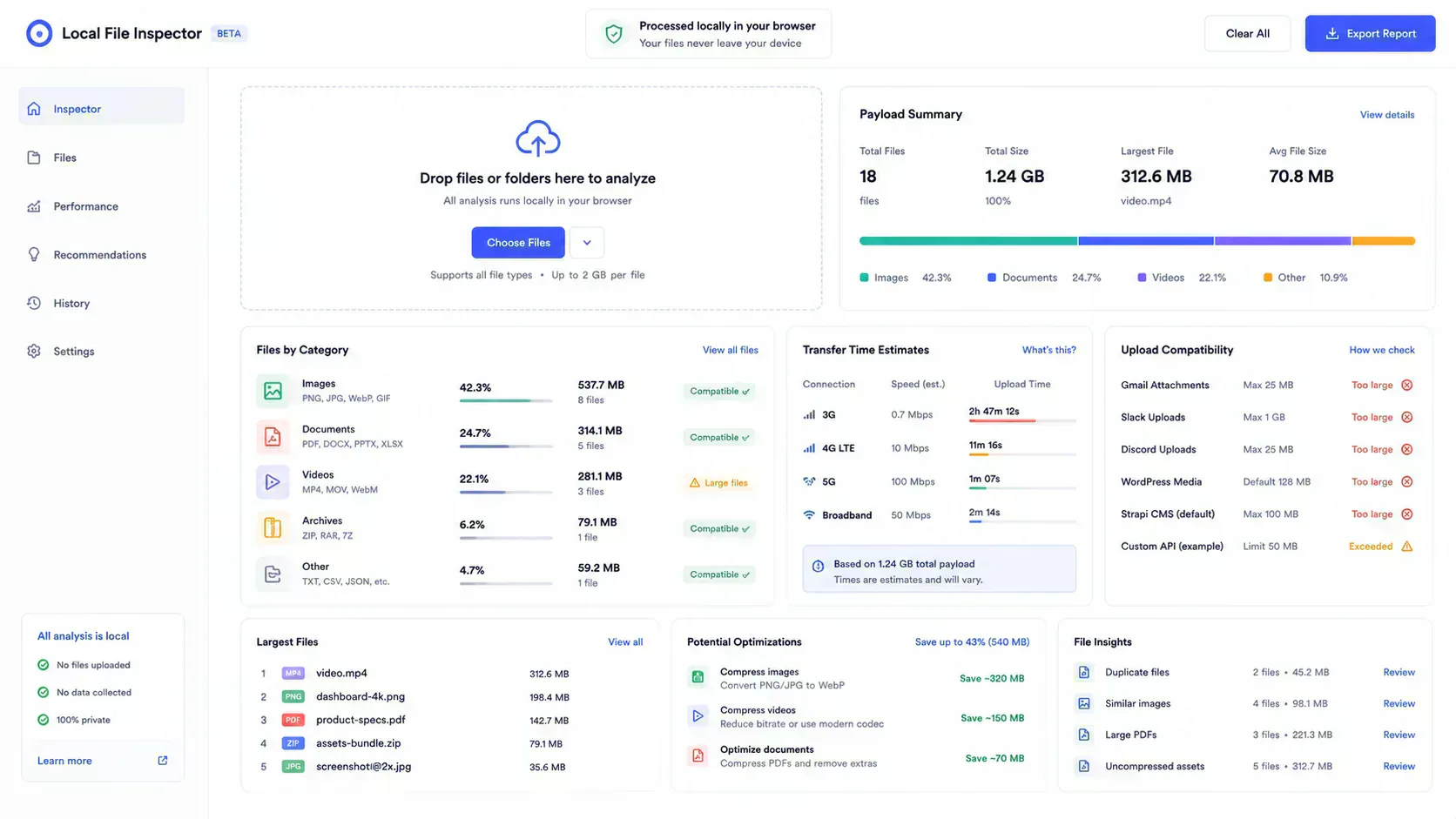 Browser-local file size inspection workspace for upload compatibility and transfer estimation