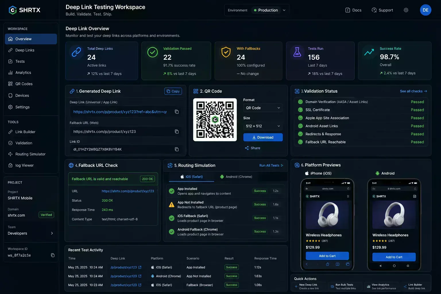 Deep link testing workspace interface with validation tools, QR generation, and routing simulation panels.