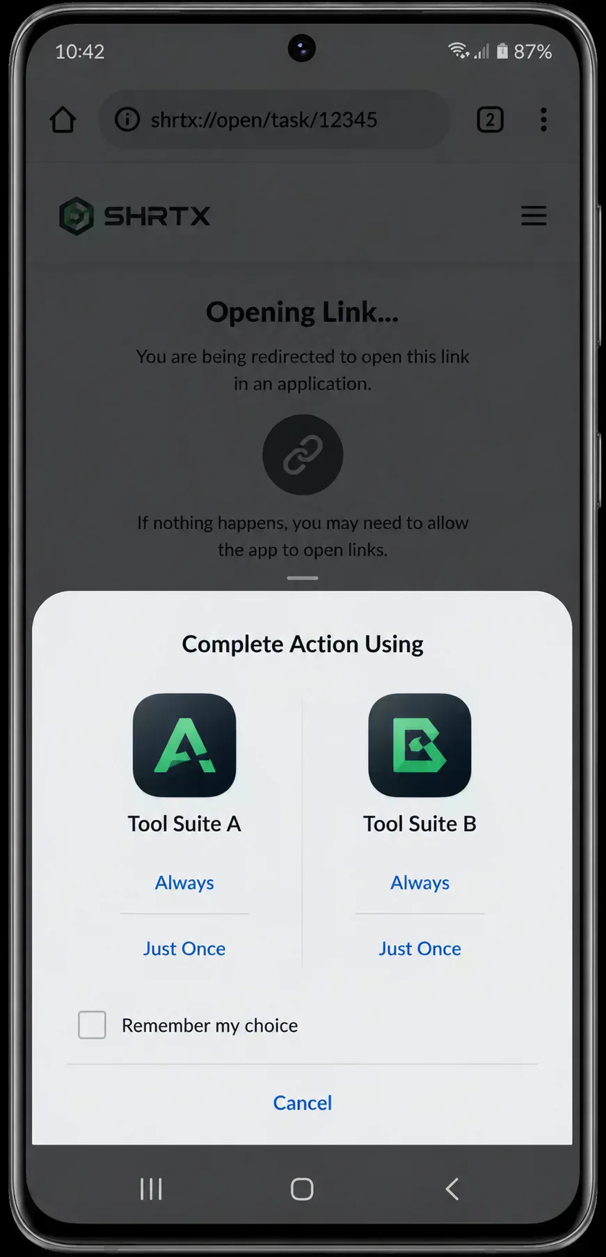 Mobile dialog showing two apps competing to open the same custom URL scheme deep link.