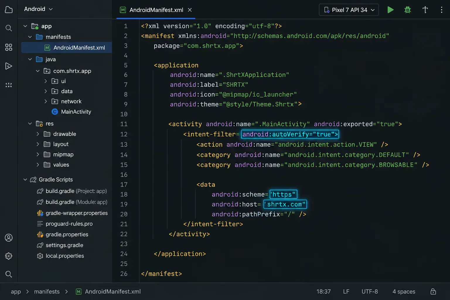 AndroidManifest XML configuration showing Android App Link verification settings inside a dark code editor.