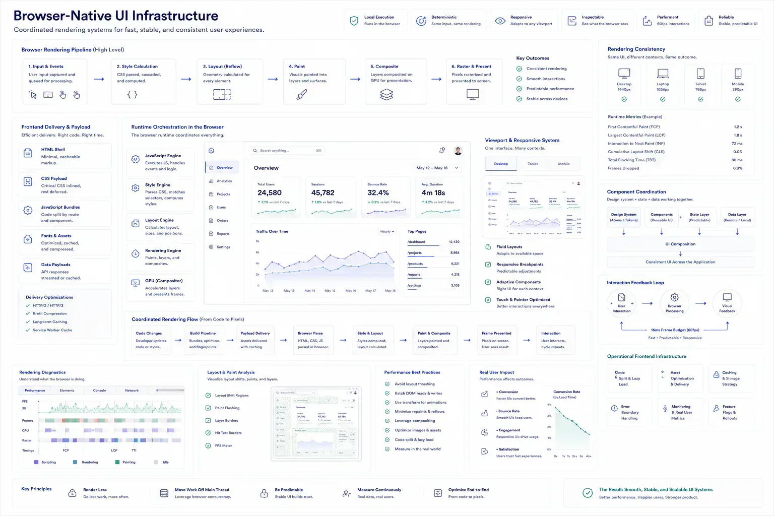 Visualization of coordinated browser-native UI runtime systems across rendering, layout, and interaction layers