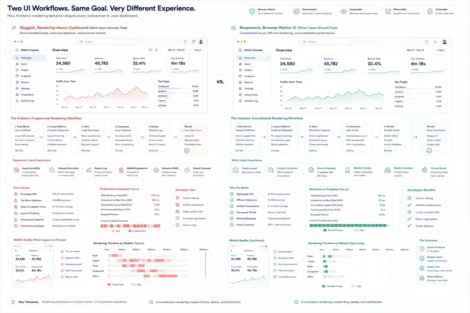 Comparison between responsive browser-native workflows and sluggish rendering-heavy dashboard systems