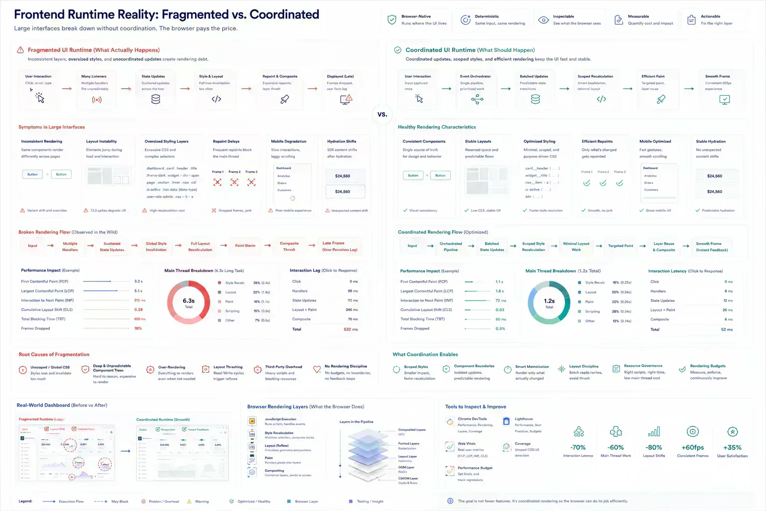 Visualization of fragmented UI rendering behavior and layout instability across oversized frontend systems