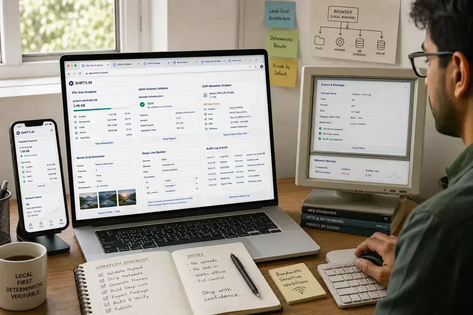 Operational browser-local utility workflows functioning across lightweight devices and low-bandwidth environments