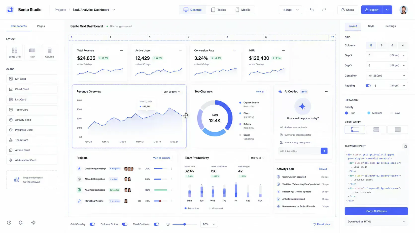 Browser-native Bento layout workspace used for responsive SaaS dashboard planning