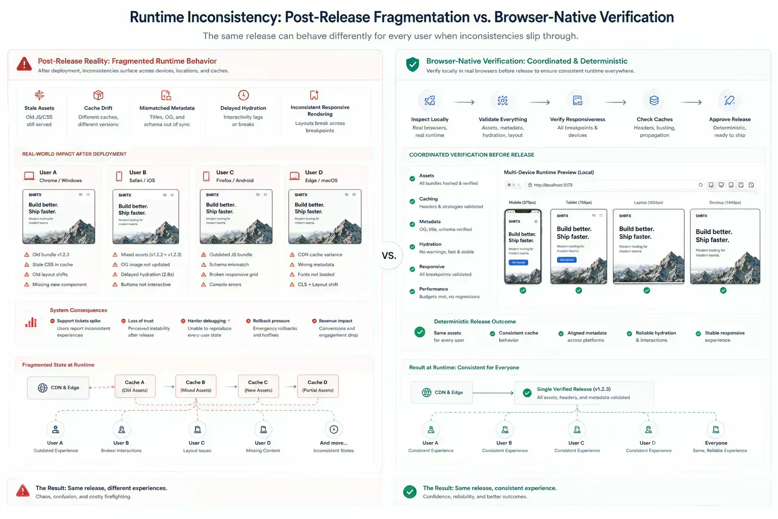 Visualization of cache inconsistency and runtime drift across browser-native deployment workflows