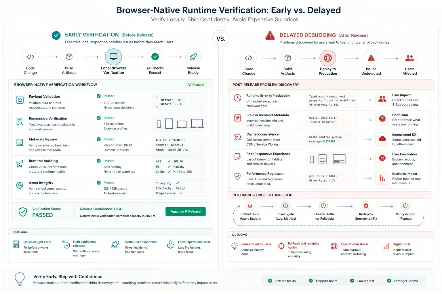 Diagram comparing early browser-native runtime verification against delayed post-release debugging