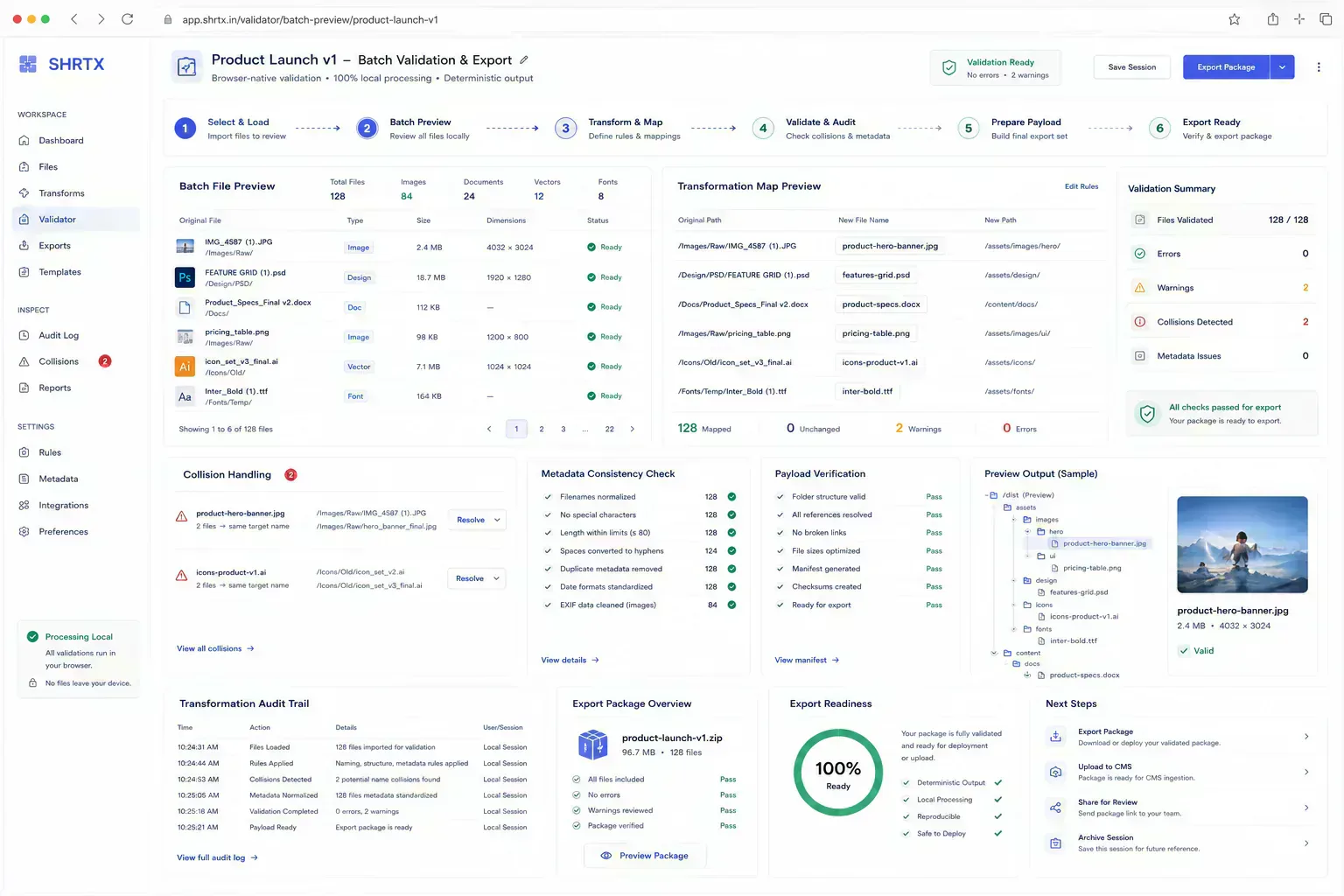 Diagram showing browser-local batch validation and transformation auditing across deterministic asset workflows