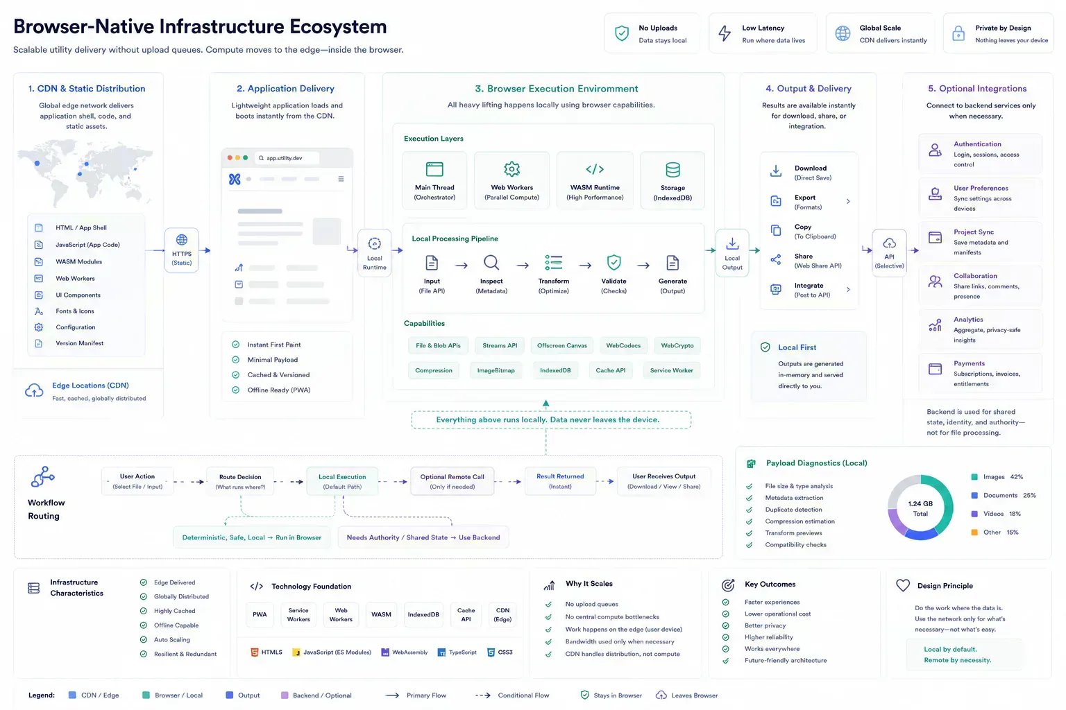 Browser-native utility ecosystem scaling through static delivery and local execution instead of centralized processing queues
